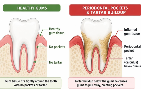 Comparison of healthy gums versus periodontal pockets and tartar buildup