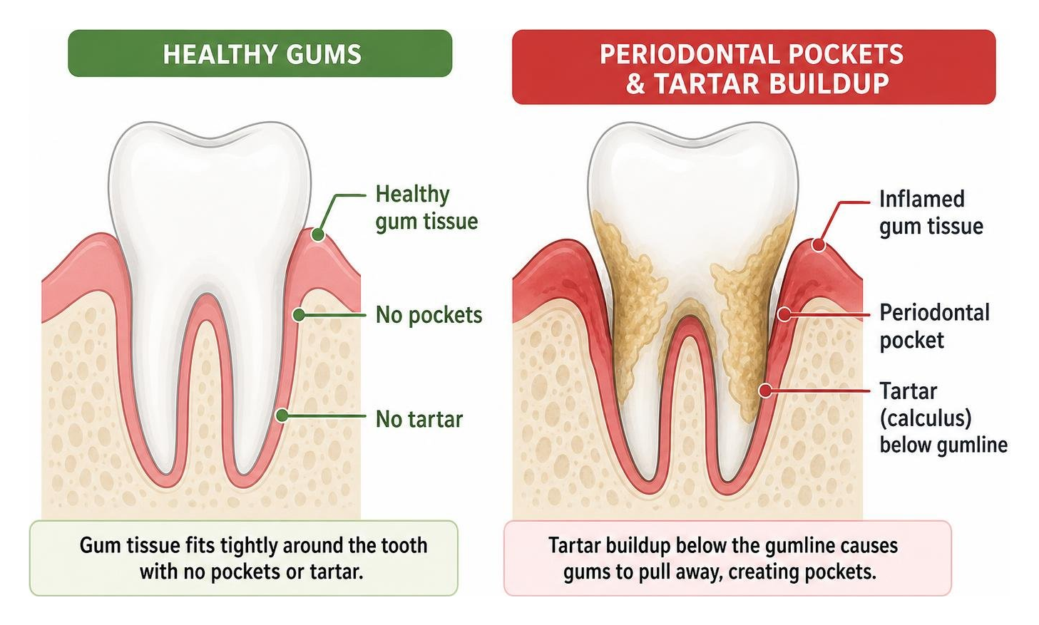 Comparison of healthy gums versus periodontal pockets and tartar buildup