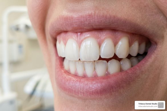 crack in enamel close-up of healthy smile with strong enamel