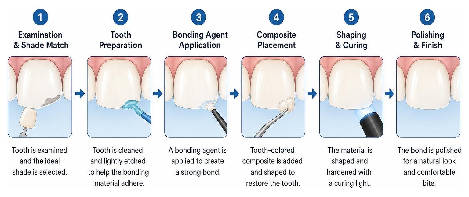Step-by-step process of dental bonding for a chipped tooth